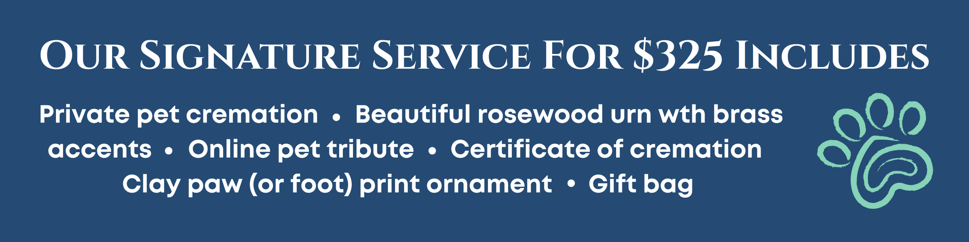 blue banner describing a $325 signature pet cremation service and the features included