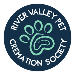 River Valley Pet Cremation Society Logo with words in a blue circle with a green paw outline in the center.
