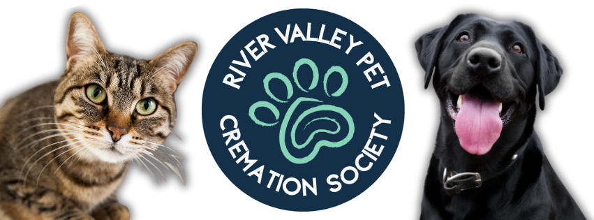 A cat, a dog, and the River Valley Pet Cremation Society logo