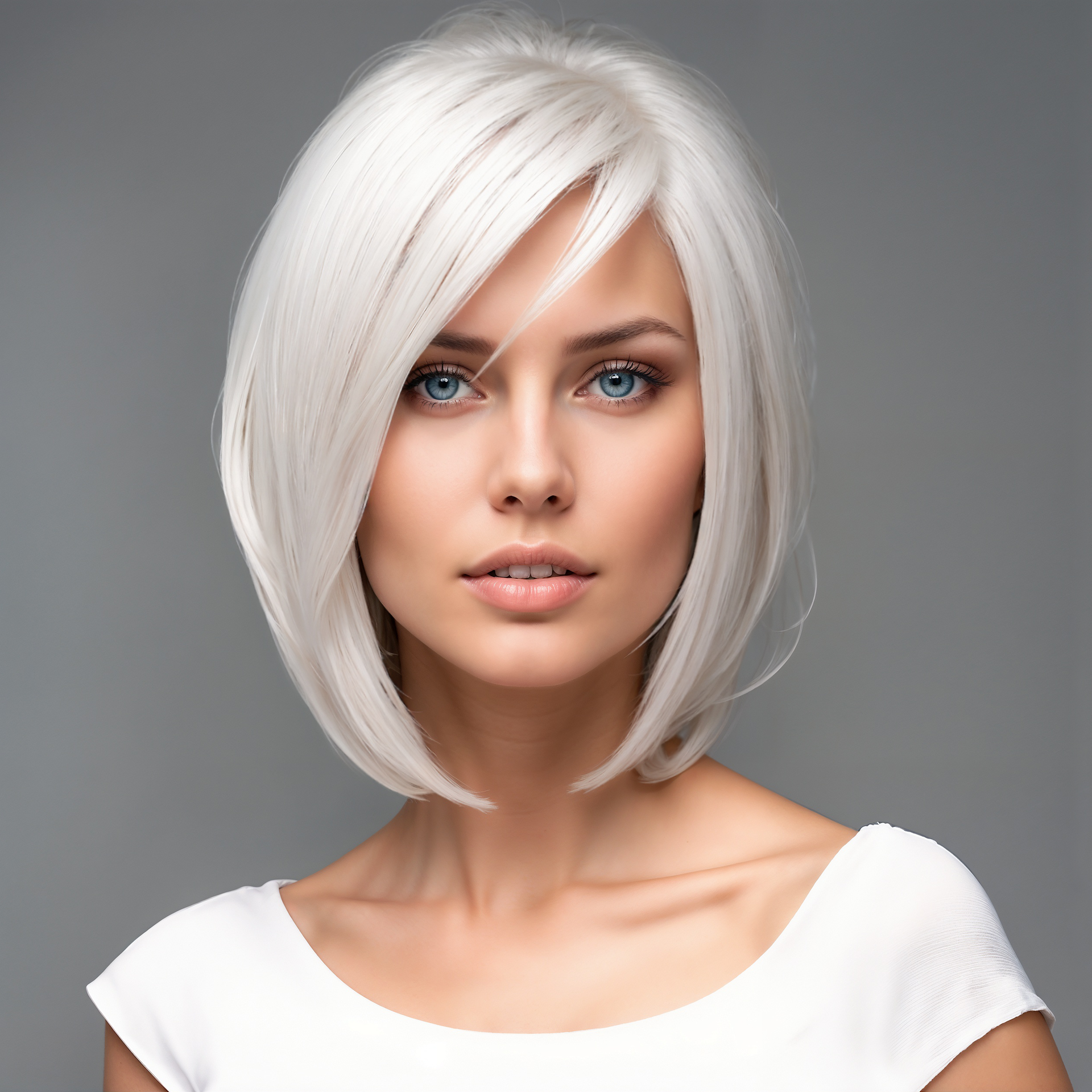 A woman with short white hair and blue eyes is wearing a white shirt.