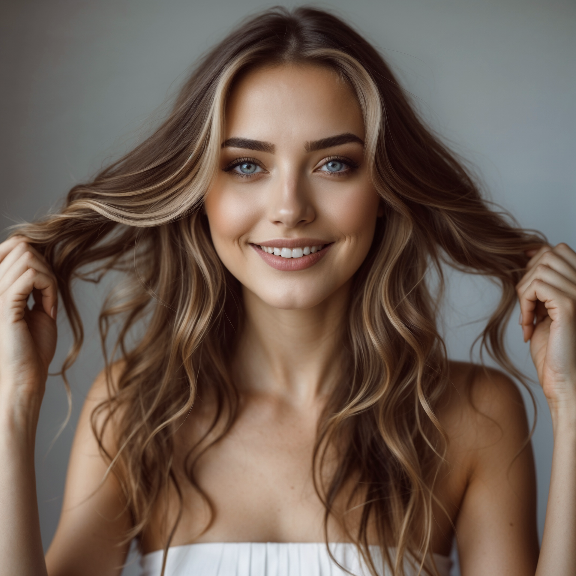 A woman is smiling and holding her hair in her hands