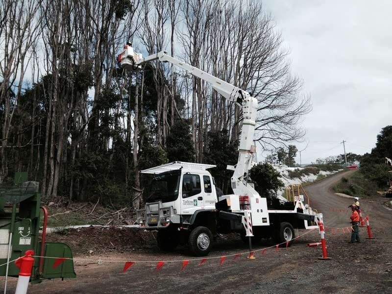 A white truck with a crane — Tree Services Byron Bay — Tree Services Byron Bay