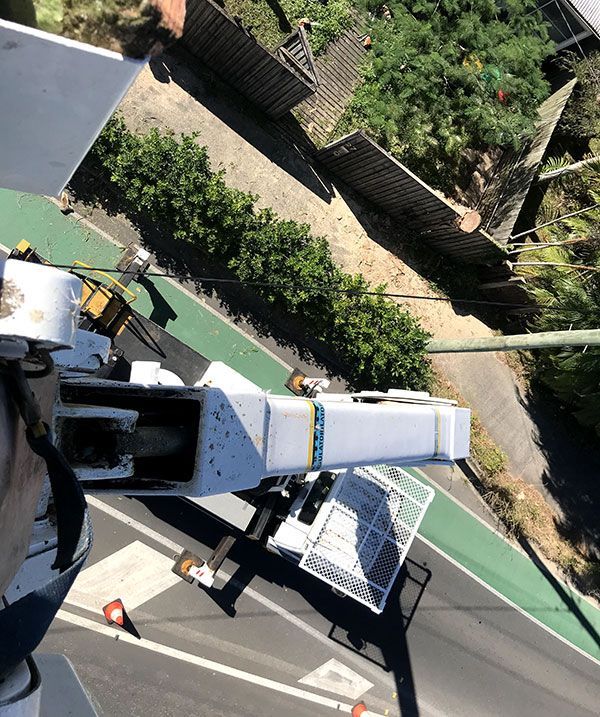 An Aerial View of a Person Standing on a Crane Over a Street — Tallow Tree Services Pty Ltd in Bangalow, NSW