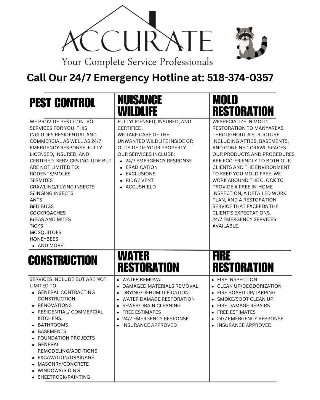 Accurate service professionals, featuring pest control, wildlife, mold, water, fire and construction services.