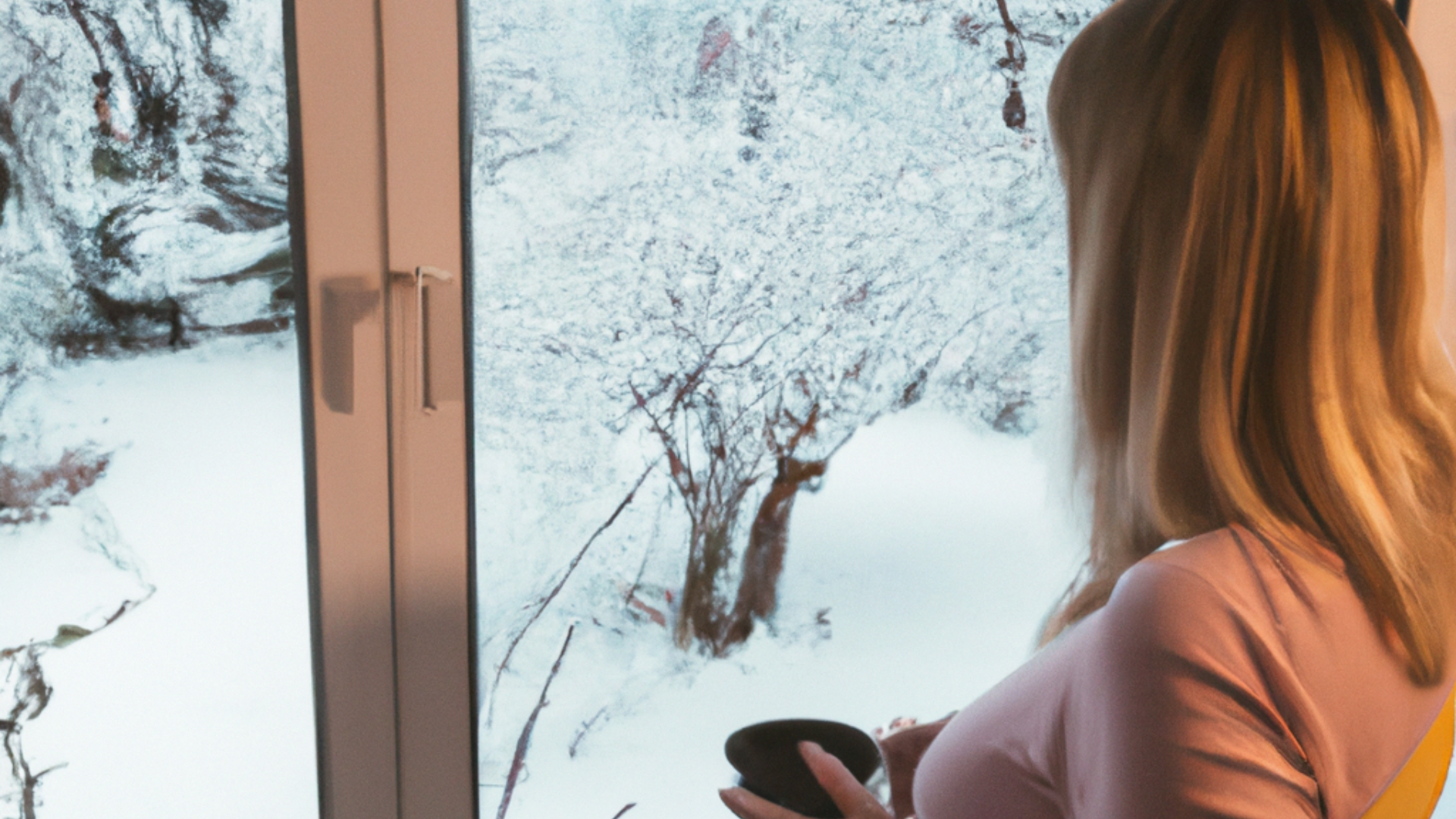 A woman is looking out of a window while holding a cup of coffee.