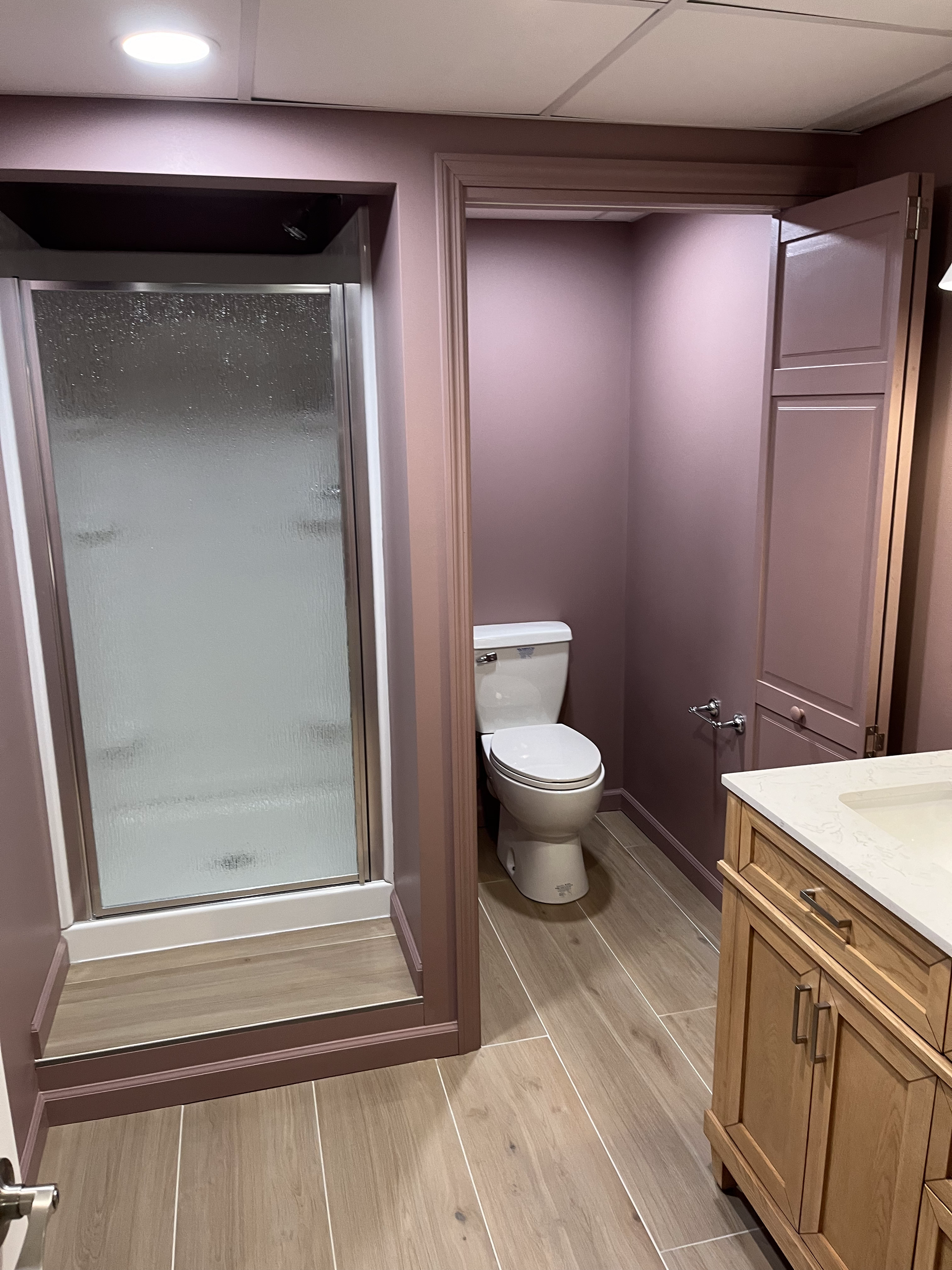 A bathroom with a toilet , sink and shower.