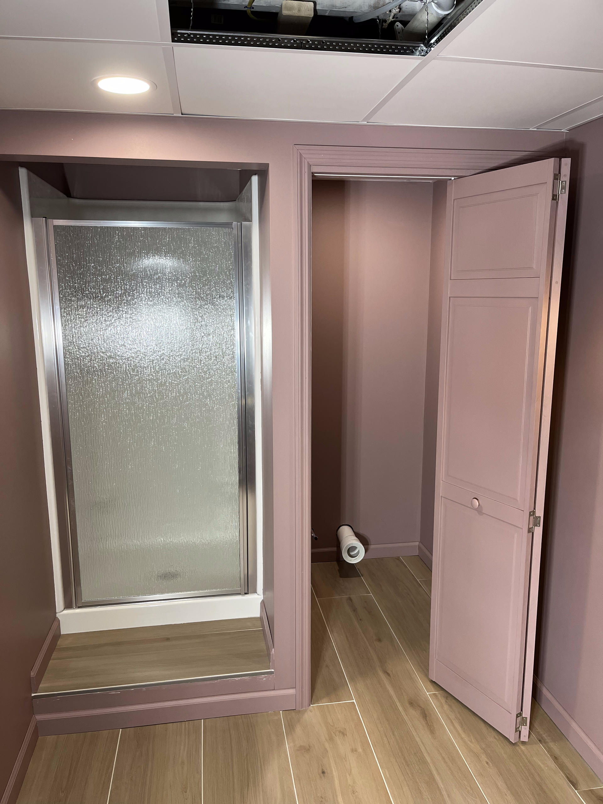 A bathroom with pink walls and a walk in shower.