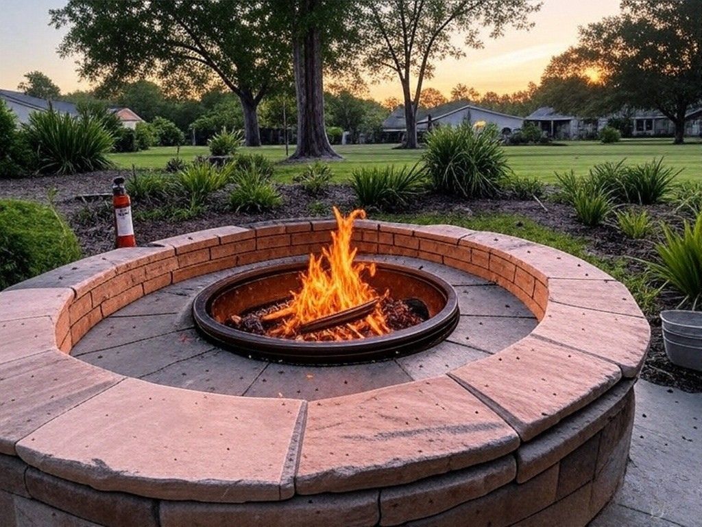 A fire pit with a fire extinguisher next to it.