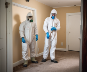 Two men in protective suits are standing in a hallway