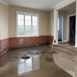 Two men are cleaning a flooded kitchen floor