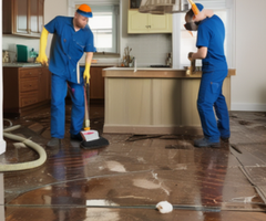 Two men are cleaning a flooded kitchen floor