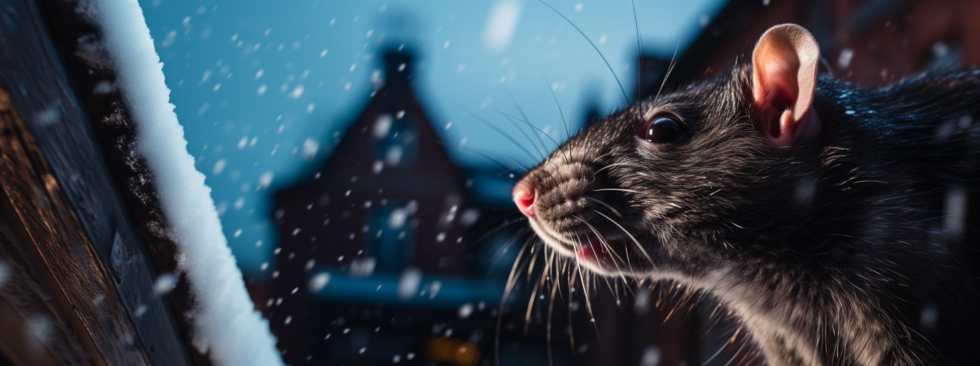 A rat is looking out of a window at the snow.