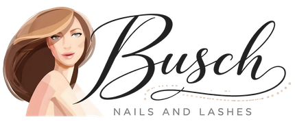 Logo for Busch Nails and Lashes featuring an illustration of a person with flowing brown hair next to elegant black text.