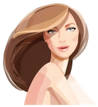 A stylized illustration of a person with flowing brown hair, pale skin, and blue eyes looking forward.