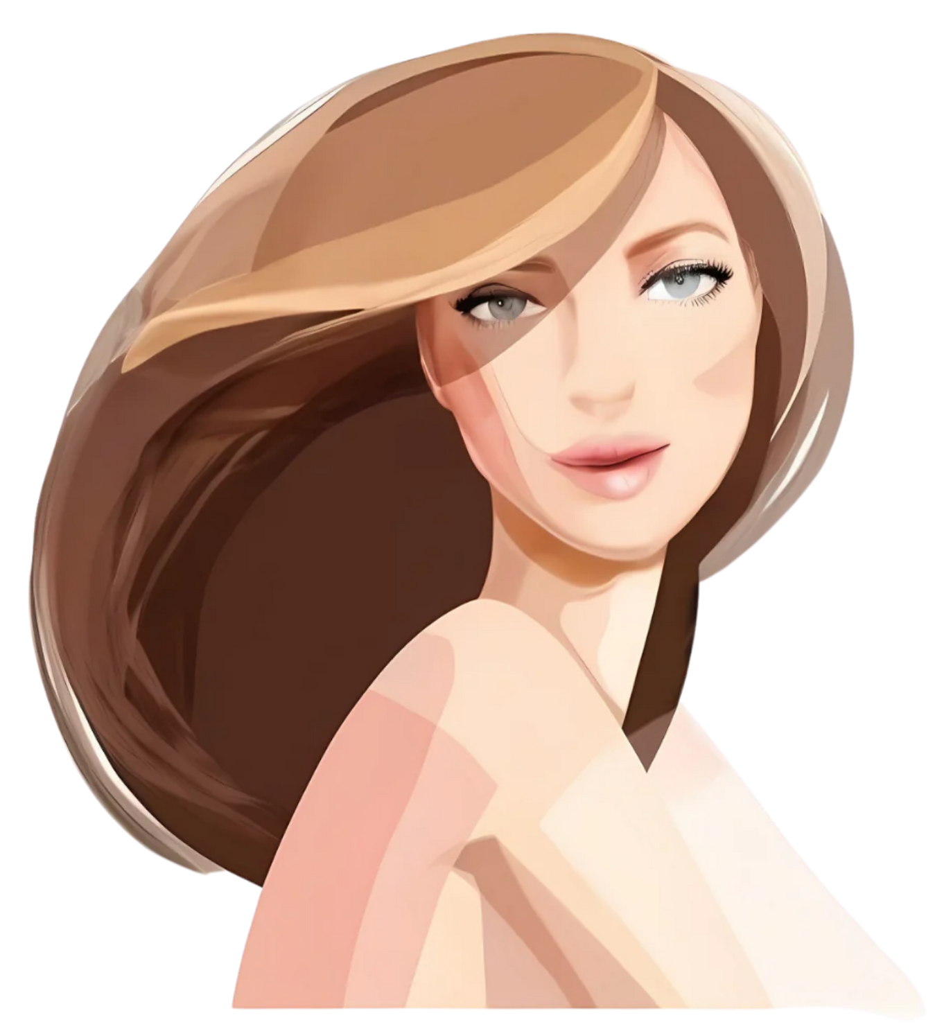 A stylized illustration of a person with flowing brown hair, pale skin, and blue eyes looking forward.