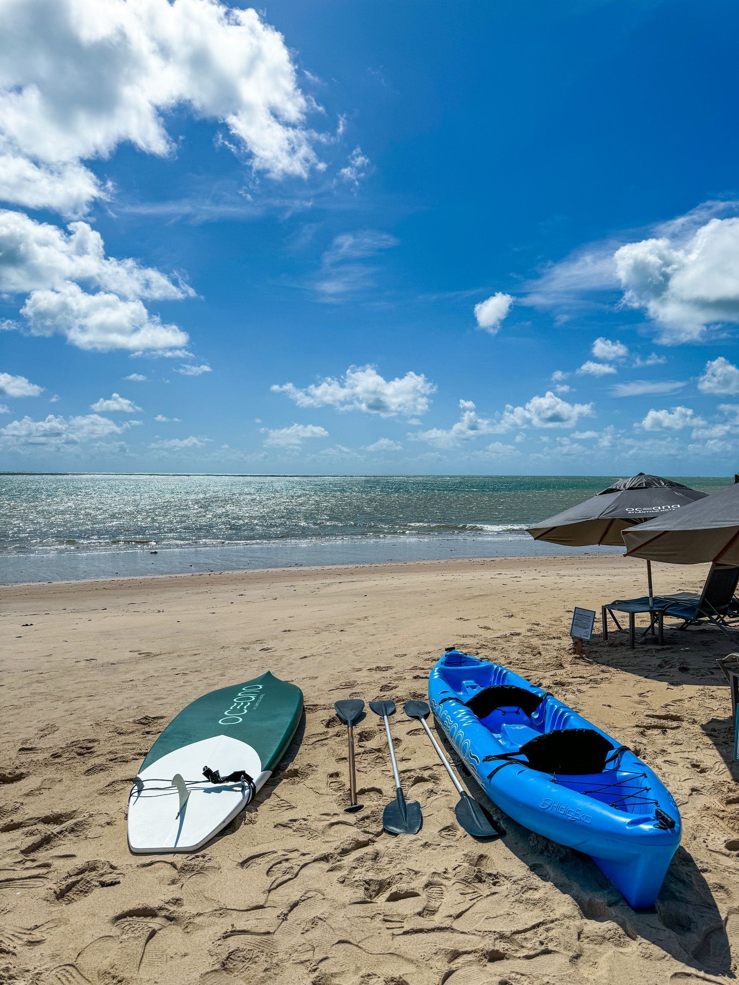 Cena de praia: prancha de surfe, caiaque, remos na areia sob um céu azul ensolarado com nuvens fofas.