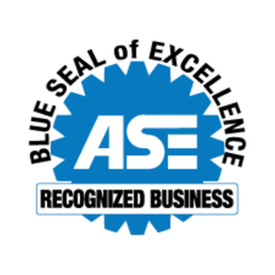 Blue ASE Seal of Excellence: Blue gear-like emblem with