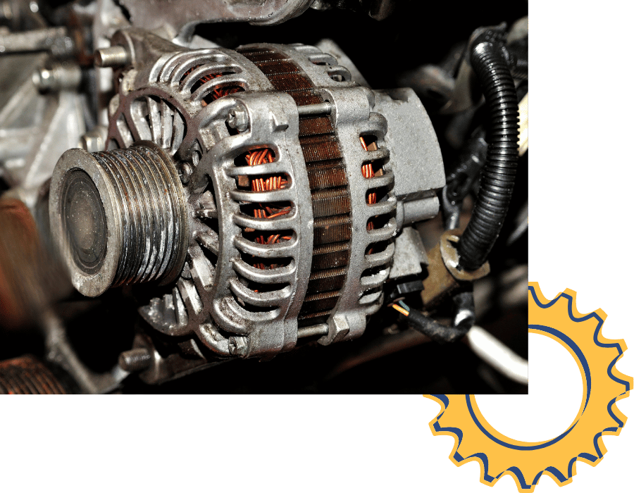 Close-up of vehicle alternator mounted to engine during charging system service.