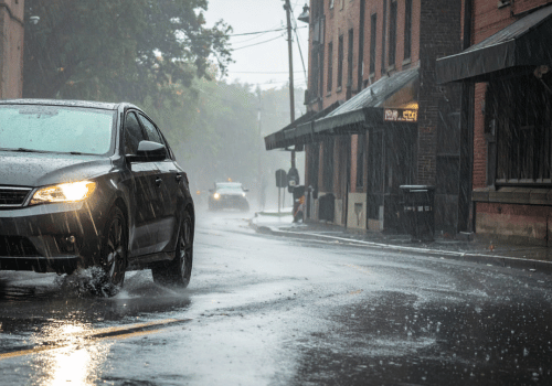 Car driving through heavy rain on a city street with water splashing.