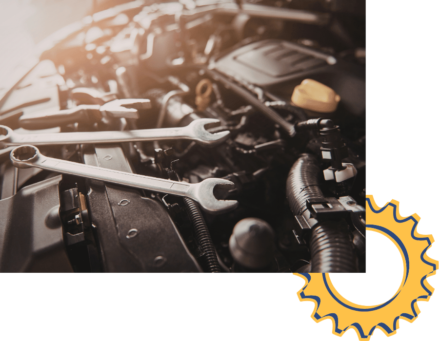 Wrenches placed on engine components during engine repair and maintenance.