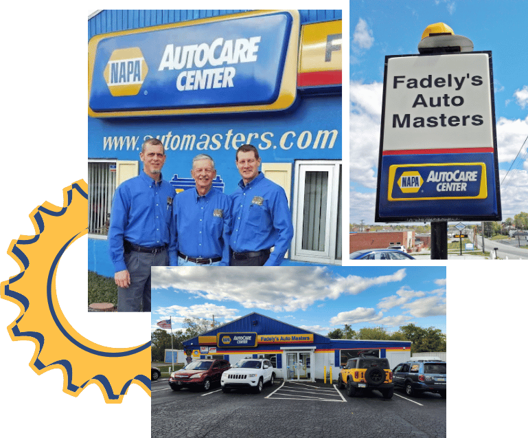 Fadely's Auto Masters storefront, sign, and staff in front of the shop building.
