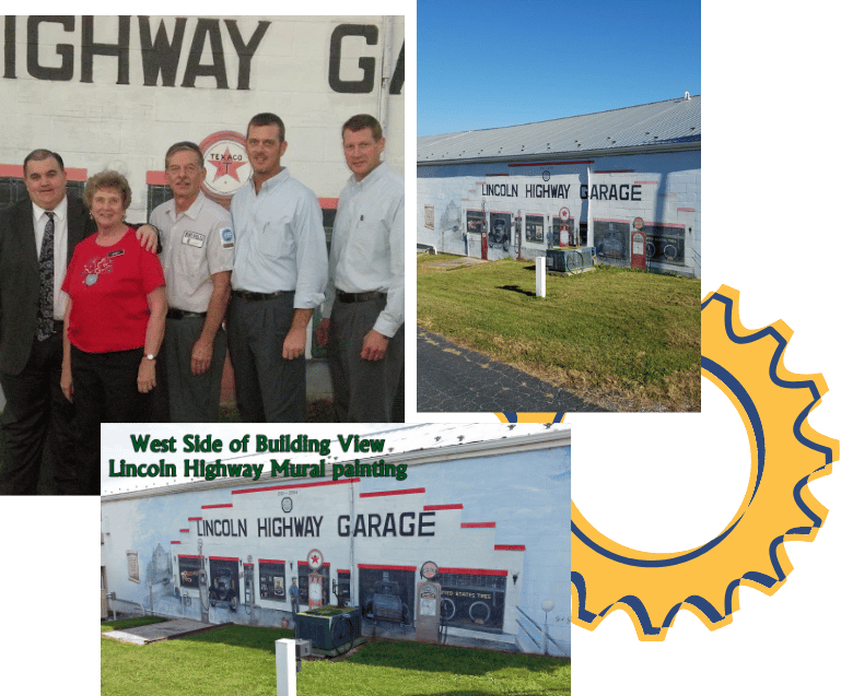 Lincoln Highway Garage: Building exterior and group portrait, mural painting.