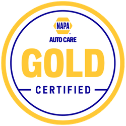 NAPA Auto Care Gold Certified badge, yellow and blue, with text