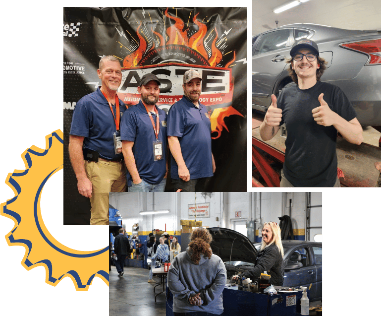 Collage: Automotive professionals at a conference and in a garage. Mechanic gives thumbs-up. People look at cars in shop.