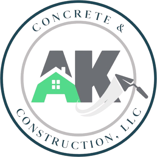 Logo: "AK Concrete & Construction, LLC." Inside a circle, "AK" initials with a house icon and a trowel.