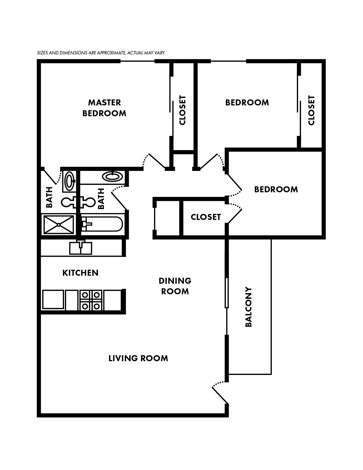 A black and white floor plan of a house with two bedrooms and a balcony.