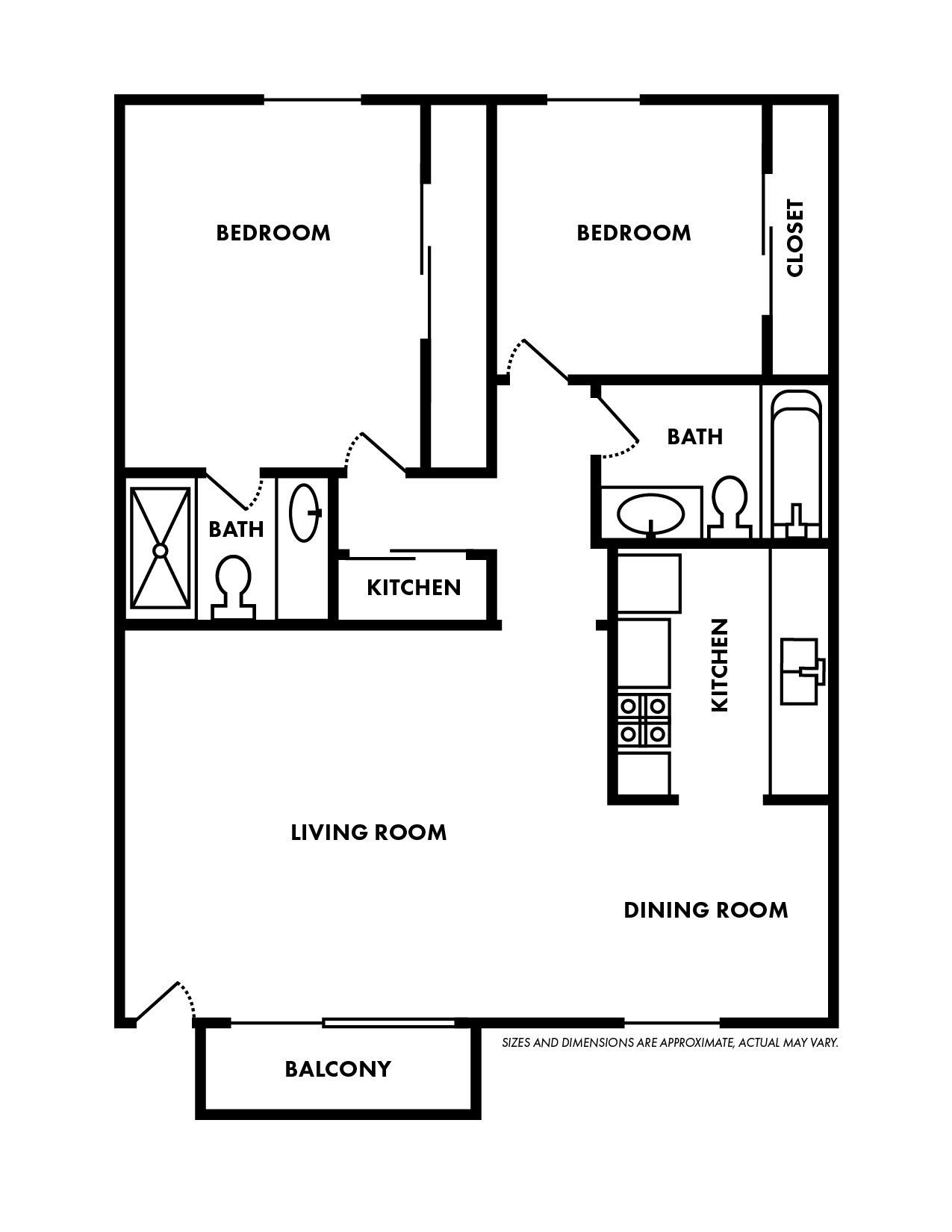 A black and white floor plan of a two bedroom apartment with a balcony.