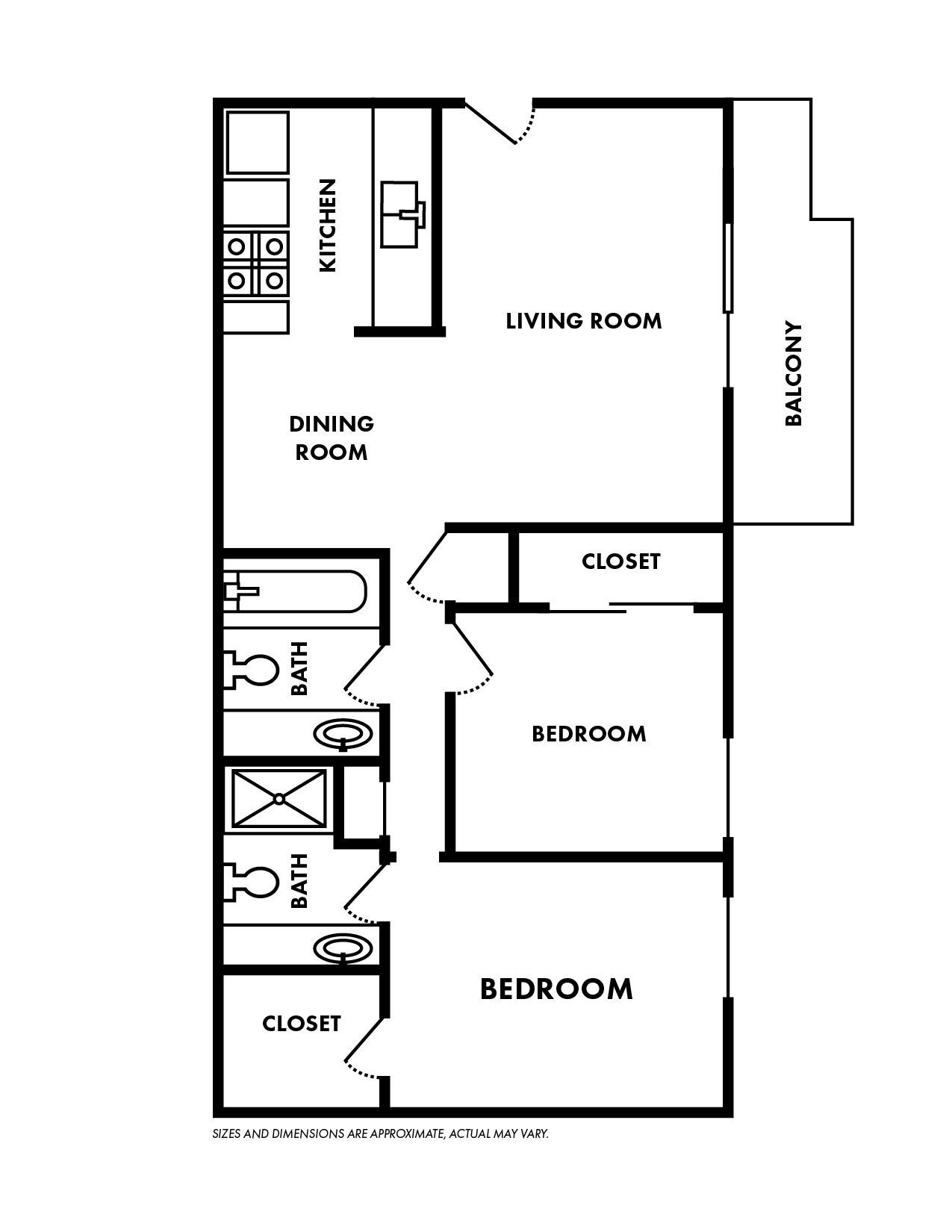 A black and white floor plan of a bedroom apartment with a balcony.