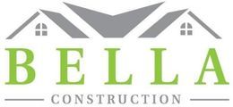 A logo for bella construction with a house in the background