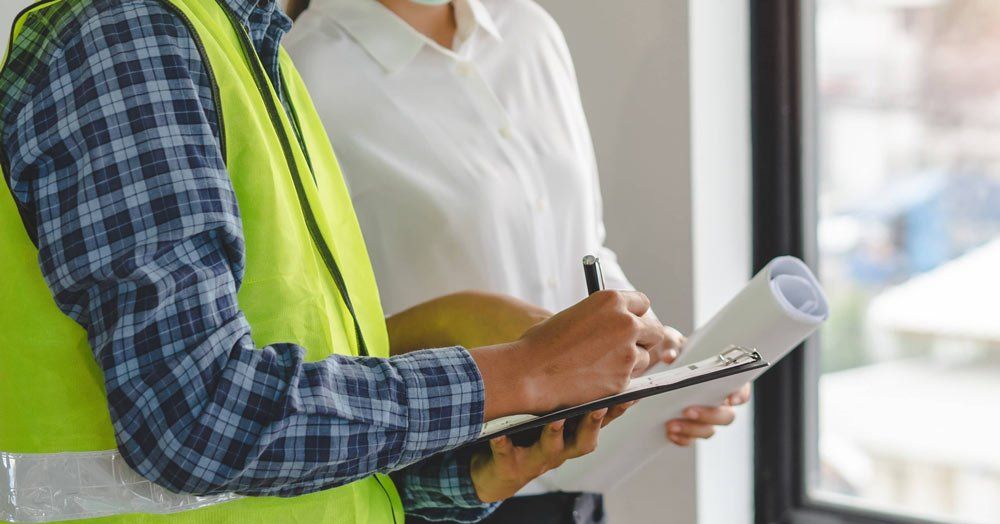 A man and a woman are standing next to each other looking at a clipboard.