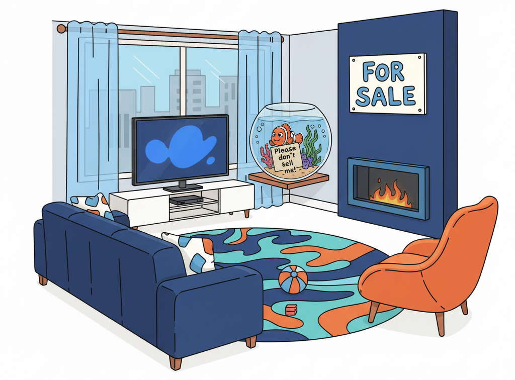 Cozy blue living room with aquarium, TV, fireplace, orange chair, and