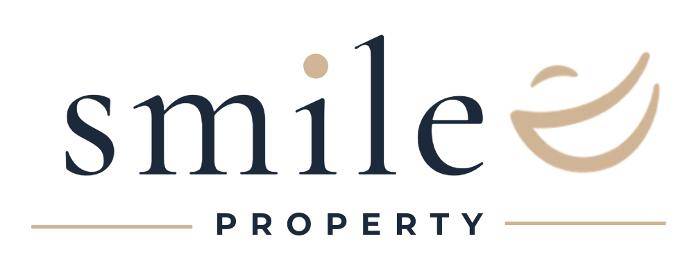Smile Property logo with navy text and gold smile mark on a white background