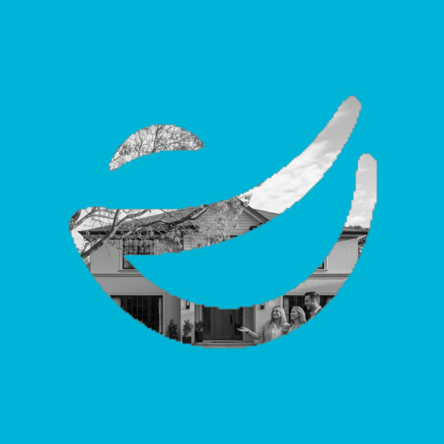 Logo with a house scene in black and white within a blue circle, featuring a family.