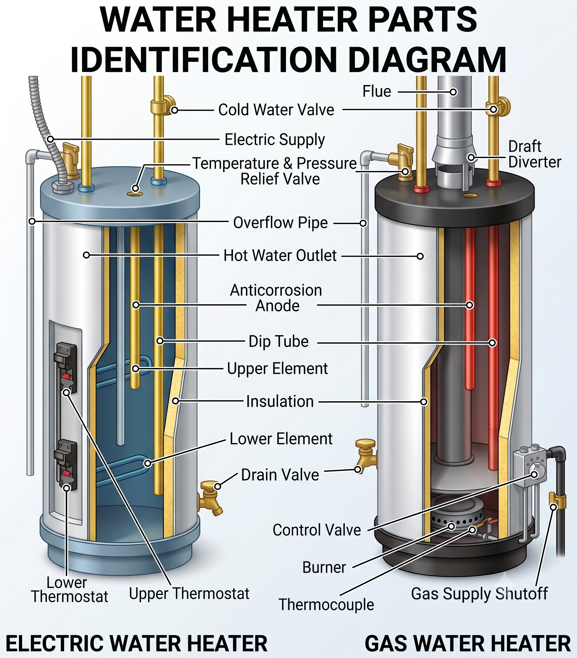 The inner workings of a water heater (electric & gas)