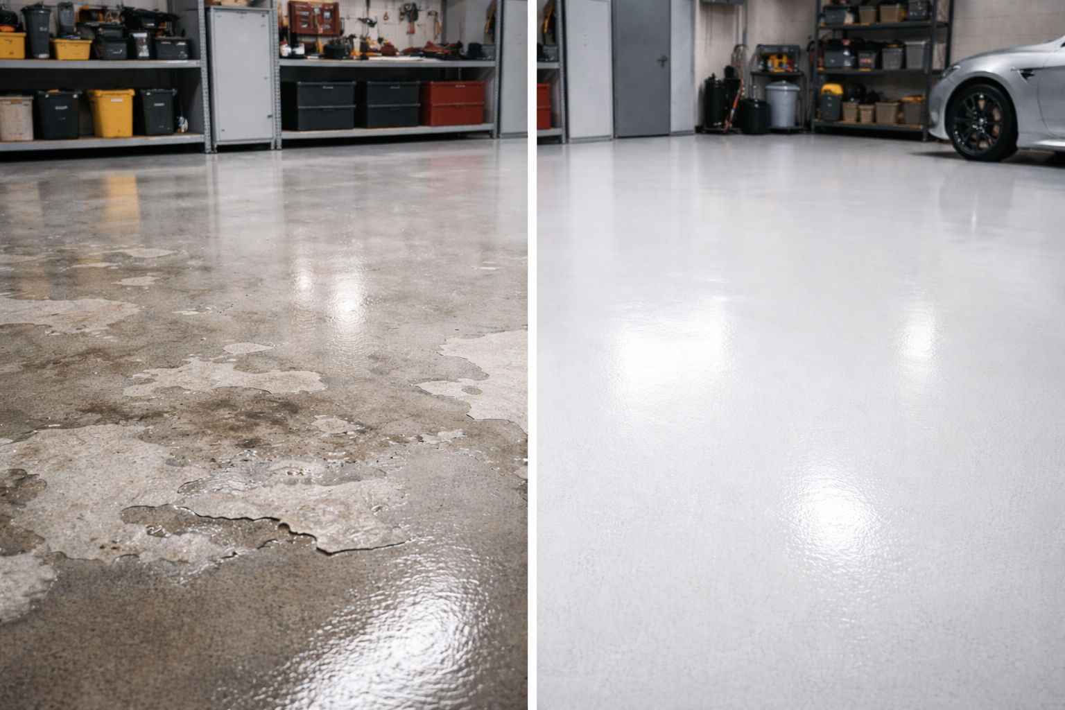 Before and after of a garage floor. The left side is damaged and brown, the right side is smooth and white.