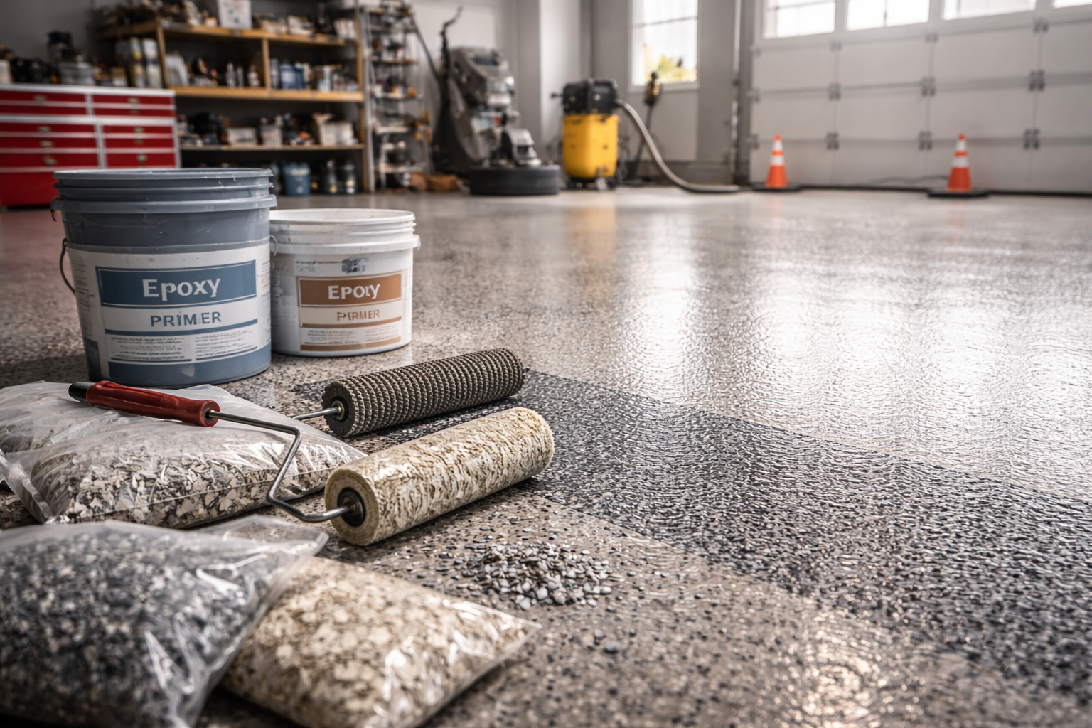Garage floor epoxy application. Buckets of primer and top coat, with rollers, and decorative chips.