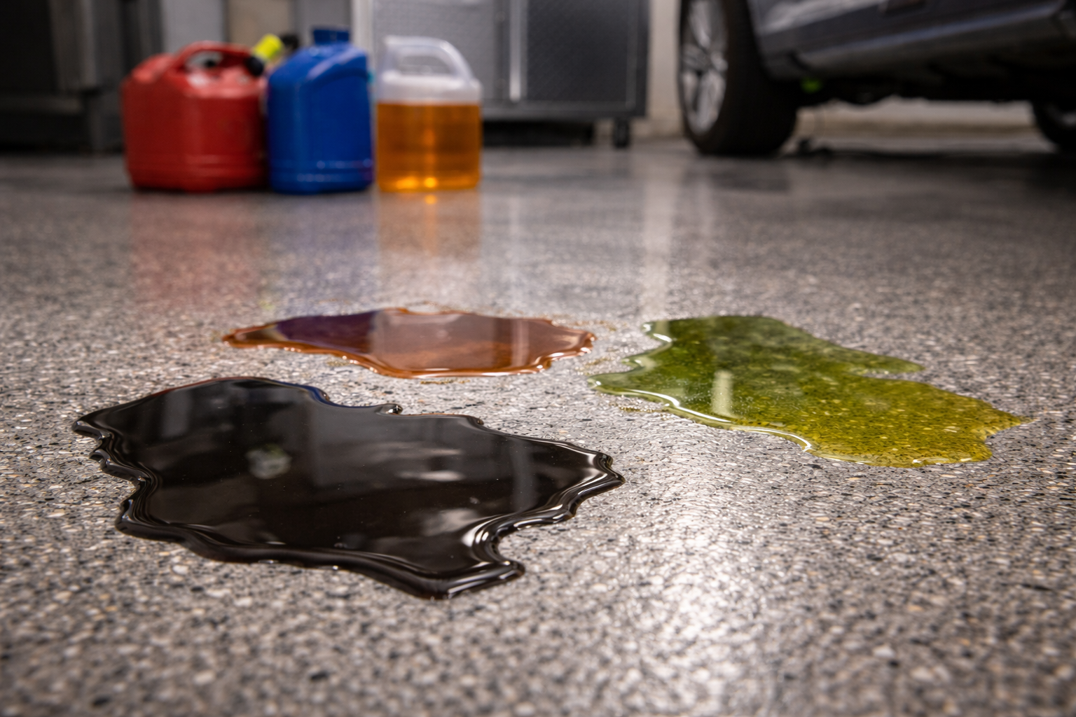 Spilled oil puddles on a garage floor, various colors, containers in the background.