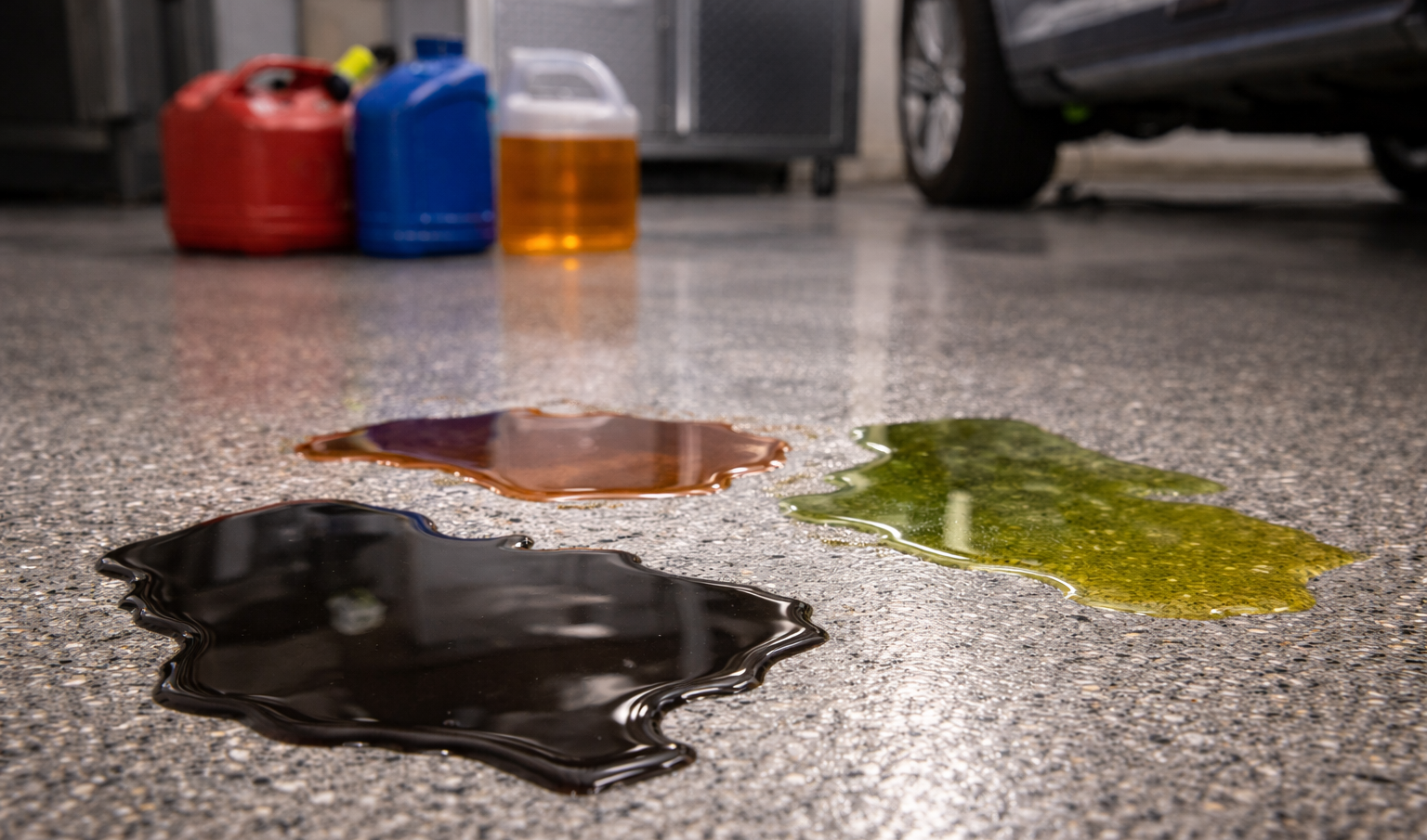 Spilled oil on a garage floor with containers in the background, showing black, orange, and green liquids.
