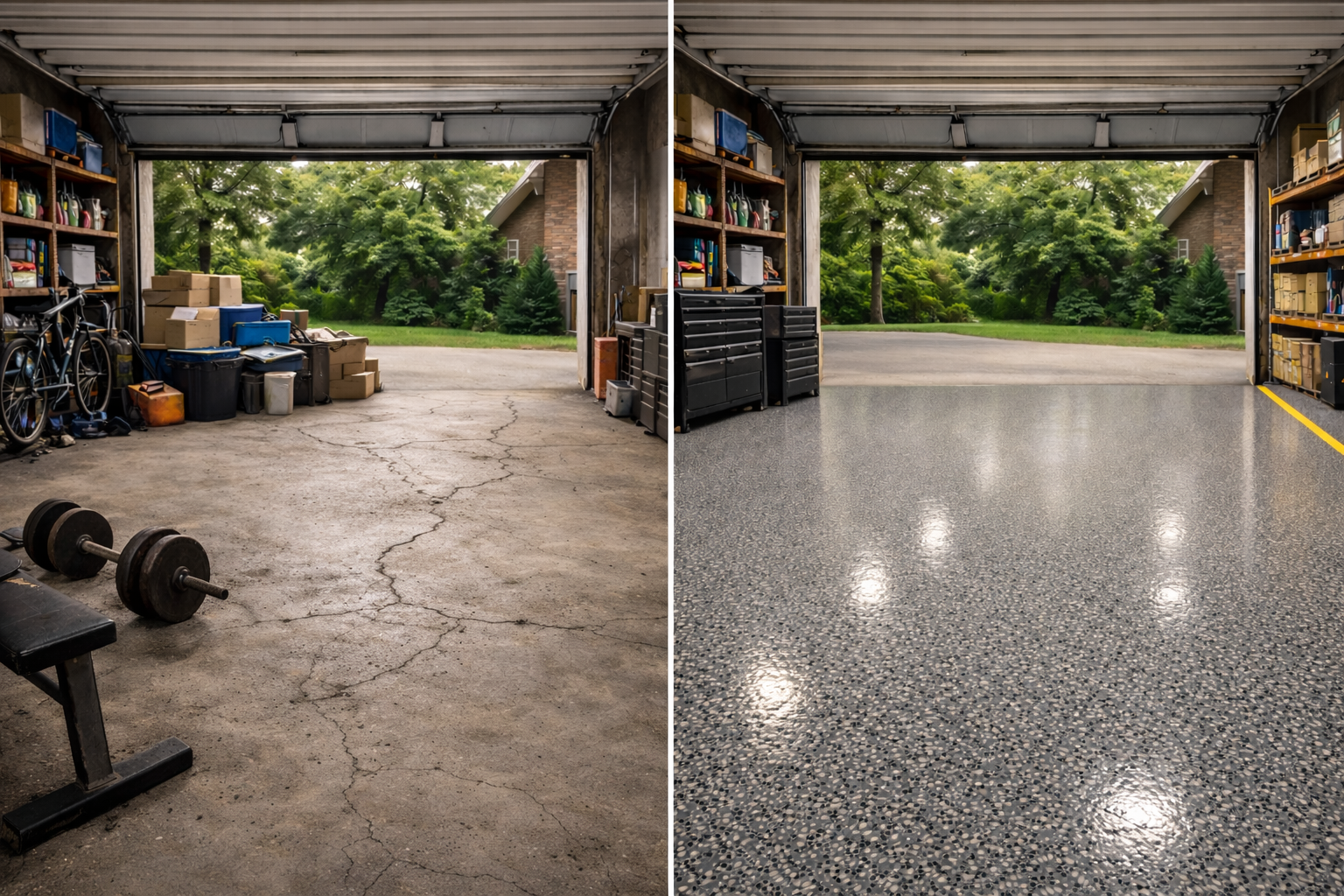 Garage before and after. Left side: cracked concrete floor. Right side: glossy, speckled epoxy floor. Open to backyard.
