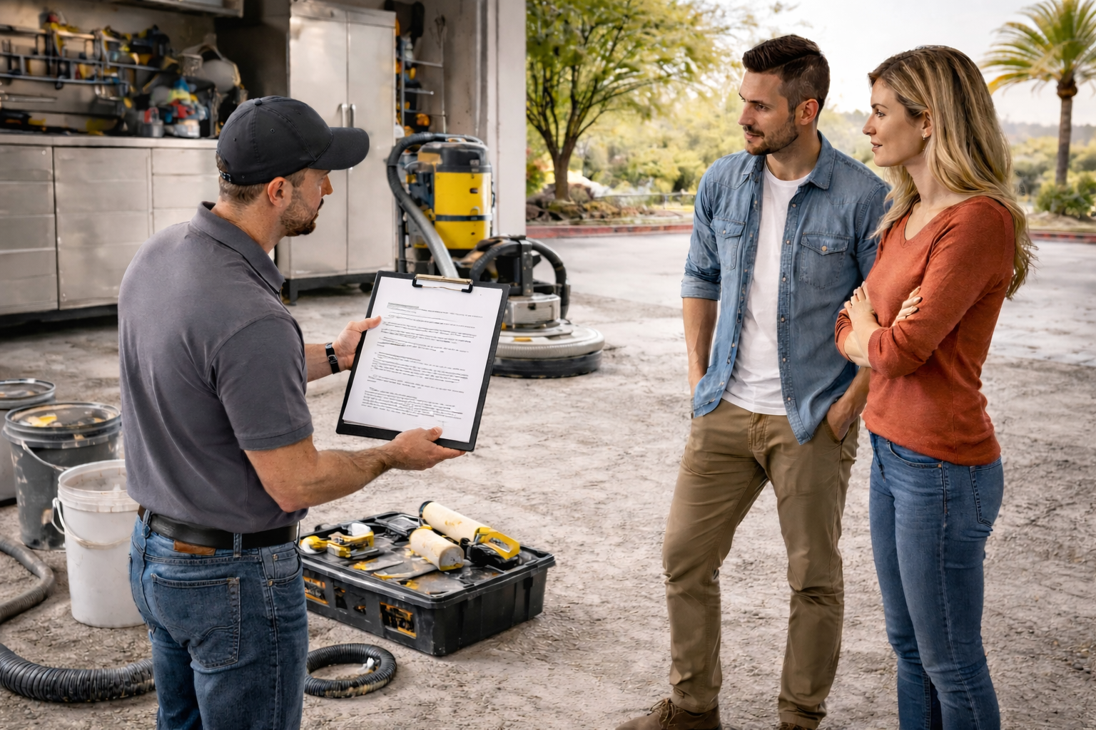 Man showing a list to a couple outdoors; tools and equipment nearby.