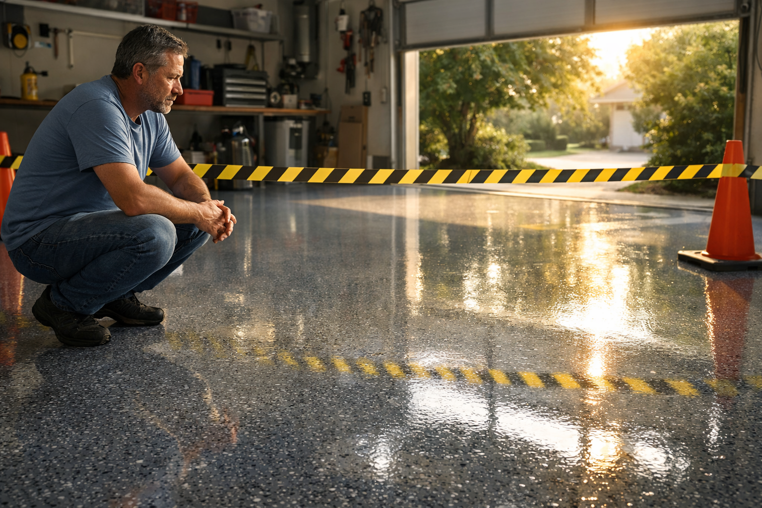 A person crouches on a newly finished, glossy grey speckled floor in a garage behind caution tape, looking at the work.
