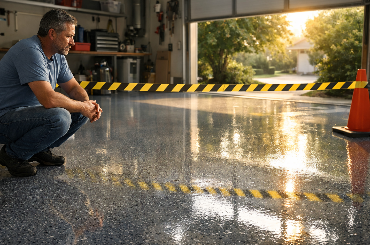 A person crouches on a glossy, speckled garage floor behind yellow caution tape, looking at the newly coated surface.
