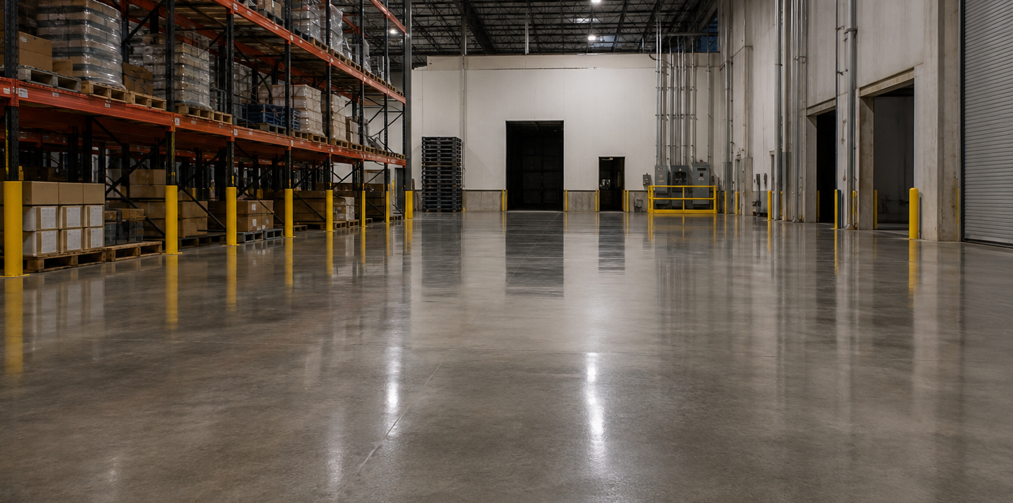 Empty warehouse interior with polished concrete floor, yellow bollards, and tall storage racks on the left