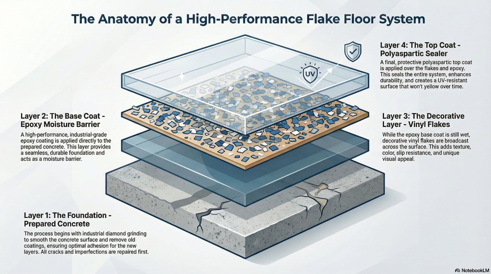 Diagram of a high-performance flake floor system, showing layers: concrete foundation, moisture barrier, decorative flakes, and top coat.