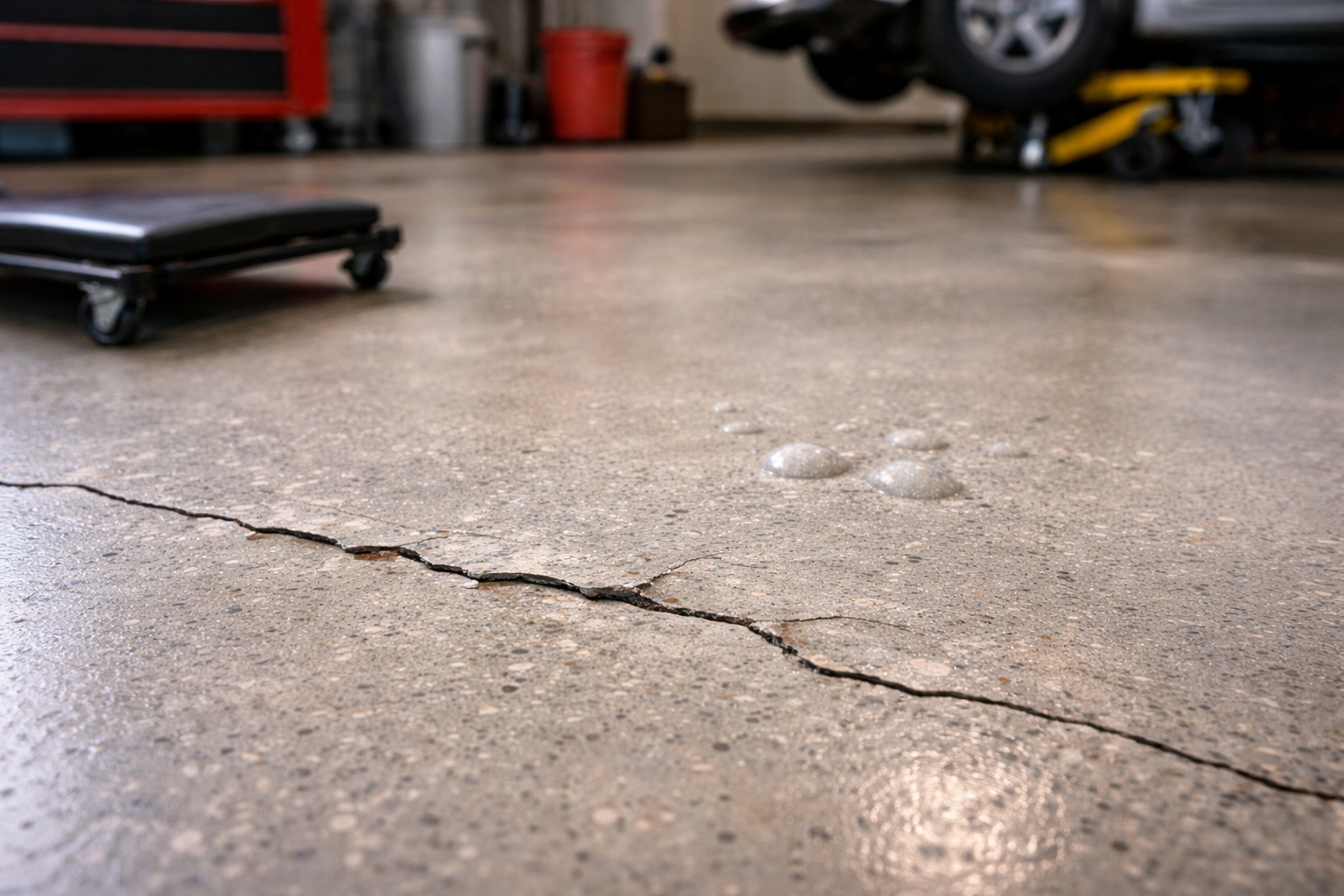 A crack runs across a concrete garage floor near a mechanic's creeper and a vehicle on a jack stand in the background.