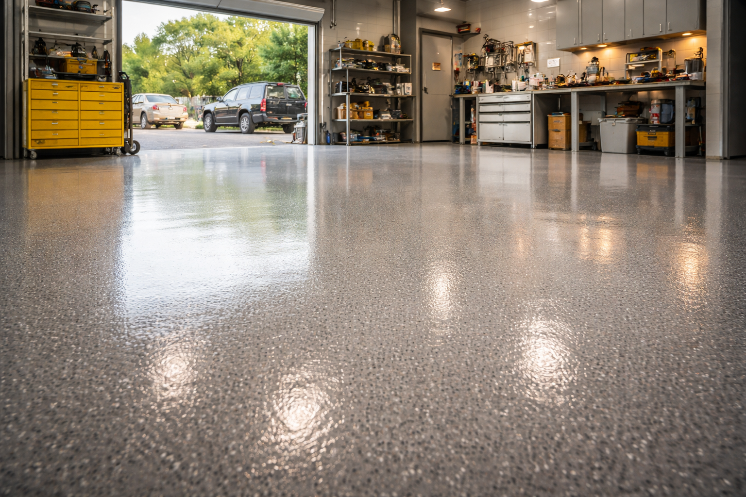 A shiny, speckled epoxy garage floor with the open garage door in the background.